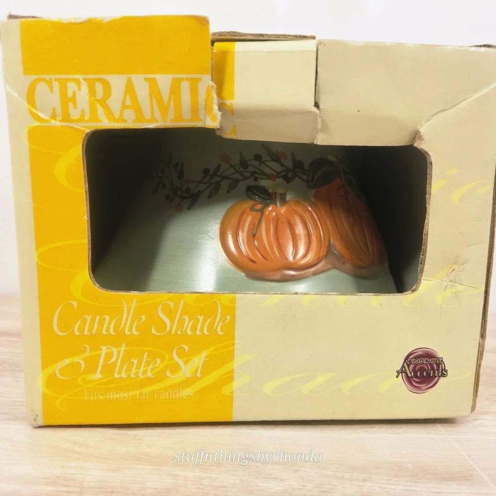 Ceramic Harvest Autumn Pumpkin Candle Jar Topper and Plate Set Farmhouse Country